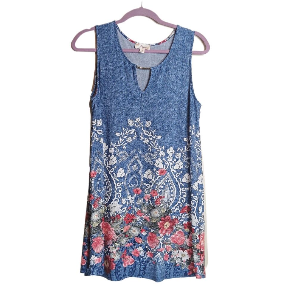 Misia Floral Shift Dress Womens M Blue Textured Boho Cottagecore Retro Spring